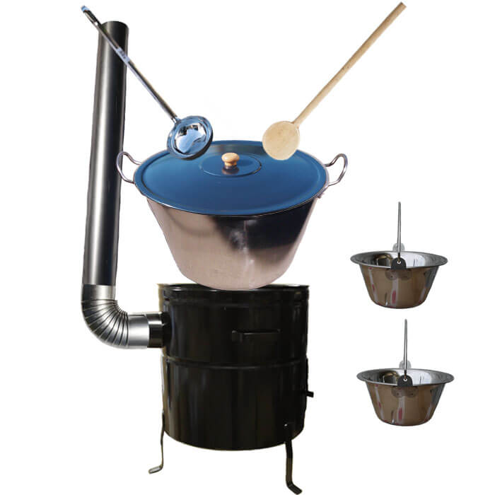 Zabijačkový nerezový kotel 70 L, kovová kotlina 56 cm, smaltovaná poklice + 2 servírovací nerezové kotlíky zdarma