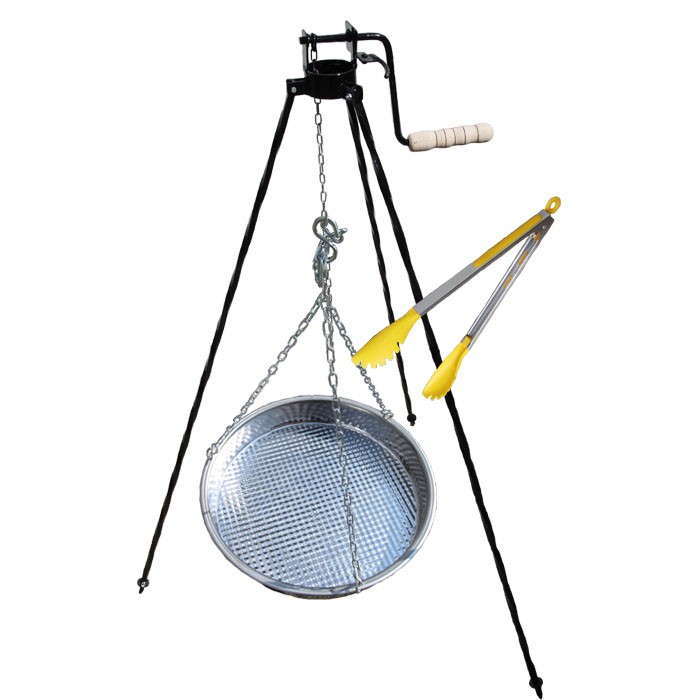 Nerezová pánev s řetízkem 49 cm + trojnožka s pojistnou kladkou a obracečka na maso GRILL PARTY 3