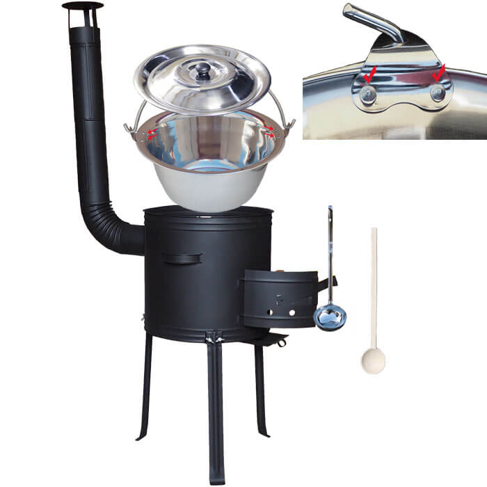 Nerezový kotlík 15 L (0,8 mm) zesílený s nýty + kovová kotlina s vysokými nožičkami 36 cm, žáruvzdorná barva Plus 700 + vařečka a naběračka
