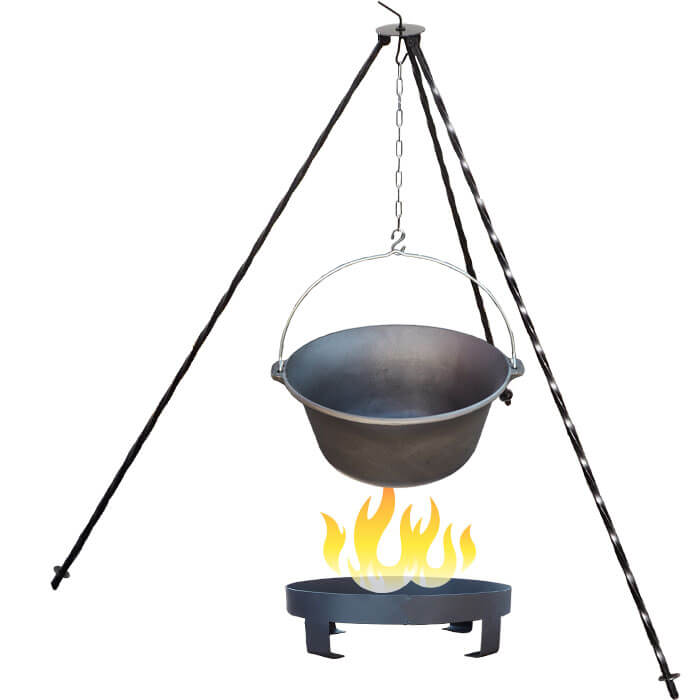 Litinový kotlík 10,8 L + trojnožka 1,2 m + ohniště 36 cm