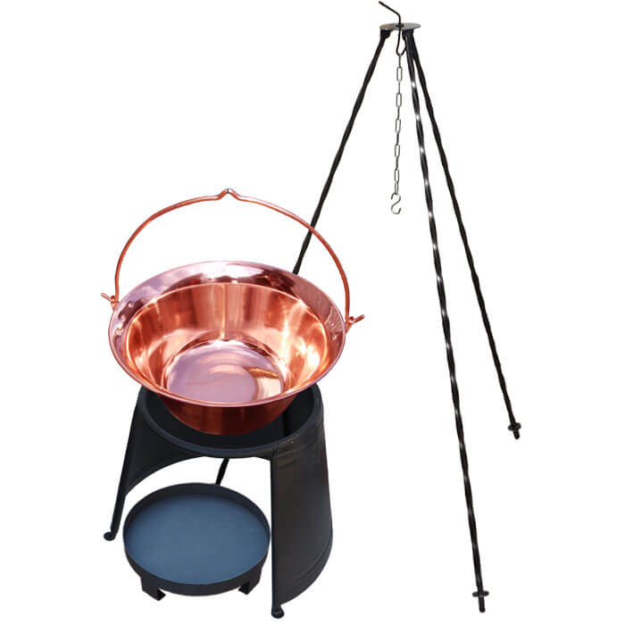 Měděný kotlík 6 L (1,2 mm) + chránič plamene 32 cm + ohniště 36 cm + trojnožka 1,2 m