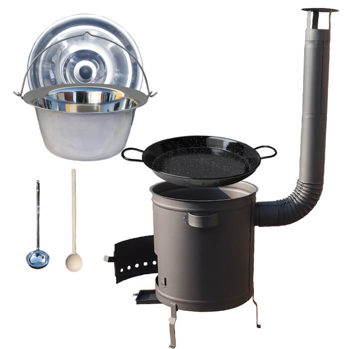 Nerezový kotlík 14 L (0,8 mm) + Paella pánev 38 cm + silnostěnná (1,5 mm) žáruvzdorná kotlina (1,5 mm) 36 PLUS 600