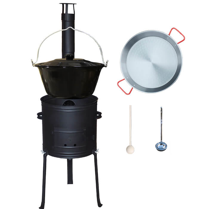 Smaltovaný kotlík 20 L + Paella pánev 46 cm + kovová kotlina s vysokými nožičkami 42 cm, žáruvzdorná barva Plus 700