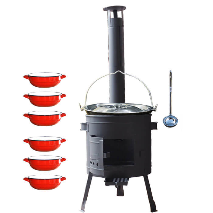 Smaltovaný kotlík 13 L + selské misky 6 ks + nízká žáruvzdorná kotlina 36 cm PLUS 600