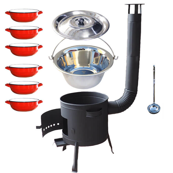Nerezový kotlík 20 L (1,2 mm) INOX + selské misky 6 ks + nízká žáruvzdorná kotlina 42 cm PLUS 600