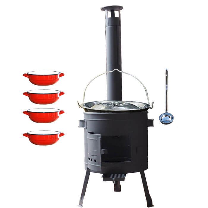 Smaltovaný kotlík 20 L + selské misky 4 ks + nízká žáruvzdorná kotlina 42 cm PLUS 600