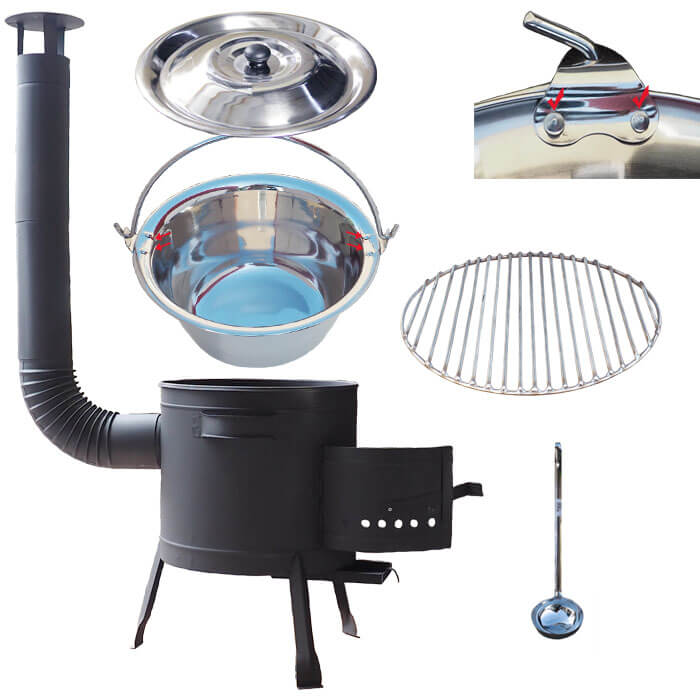 Nerezový kotlík 20 L (0,8 mm) s nýty INOX + Nerezový rošt 45 cm + nízká žáruvzdorná kotlina 42 cm PLUS 600