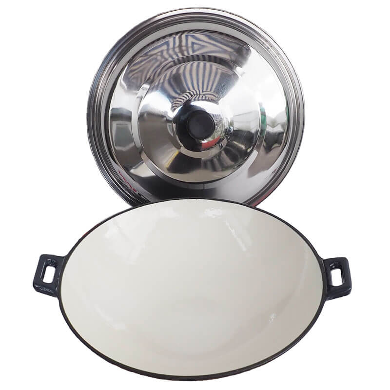 Litinový wok – smaltovaný povrch 37 cm + nerezová poklice