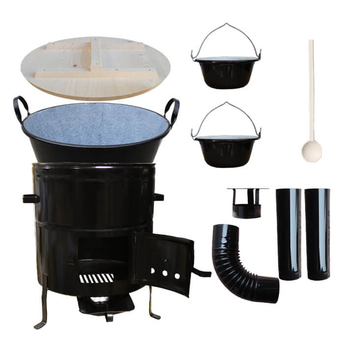 Zabijačkový smaltovaný kotel 100 L + kovová kotlina 58 cm + 2 servírovací kotlíky a kouřovod