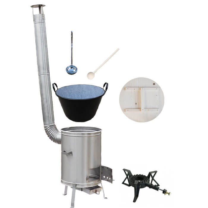 Zabijačkový smaltovaný kotel 100 L + nerezová kotlina 60 cm + hořák 7 kW + vařečka a naběračka
