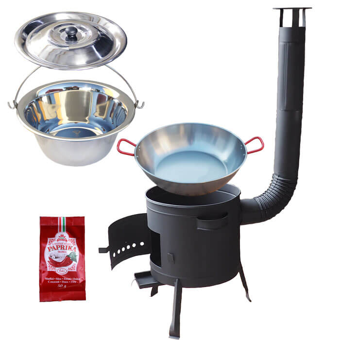 Nerezový kotlík 22 L (0,8 mm) INOX + Pánev PAELLA (WOK) 45 cm + sladká paprika 50 g + nízká kotlina 42 PLUS 600