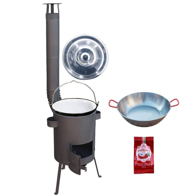 Smaltovaný kotlík 22 L + Pánev PAELLA (WOK) 45 cm + sladká paprika 50 g + žáruvzdorná kotlina 42 PLUS 600 s roštem na popel 4 mm