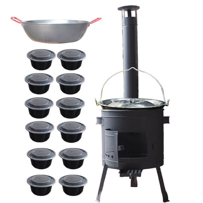 Smaltovaný kotlík 22 L + Pánev PAELLA (WOK) 45 cm + misky 12 ks + nízká kotlina 42 PLUS 600