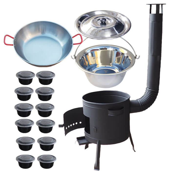 Nerezový kotlík 22 L (0,8 mm) INOX + Pánev PAELLA (WOK) 45 cm + misky 12 ks + nízká kotlina 42 PLUS 600