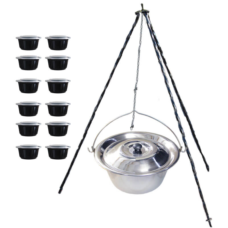 Nerezový kotlík 10 L (0,8 mm) INOX + poklice + trojnožka 1,20 m + misky 12 ks