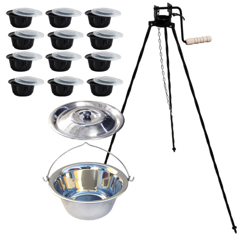 Nerezový kotlík 14 L (0,8 mm) INOX + stojan s kladkou VAR + misky 12 ks