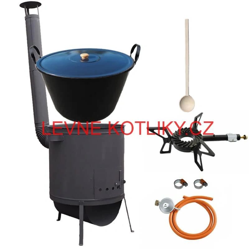 Smaltovaný kotel 70 L na zabijačku + žáruvzdorná kotlina 53 PLUS 600 4 MM + hořák 7,5 kW + vařečka