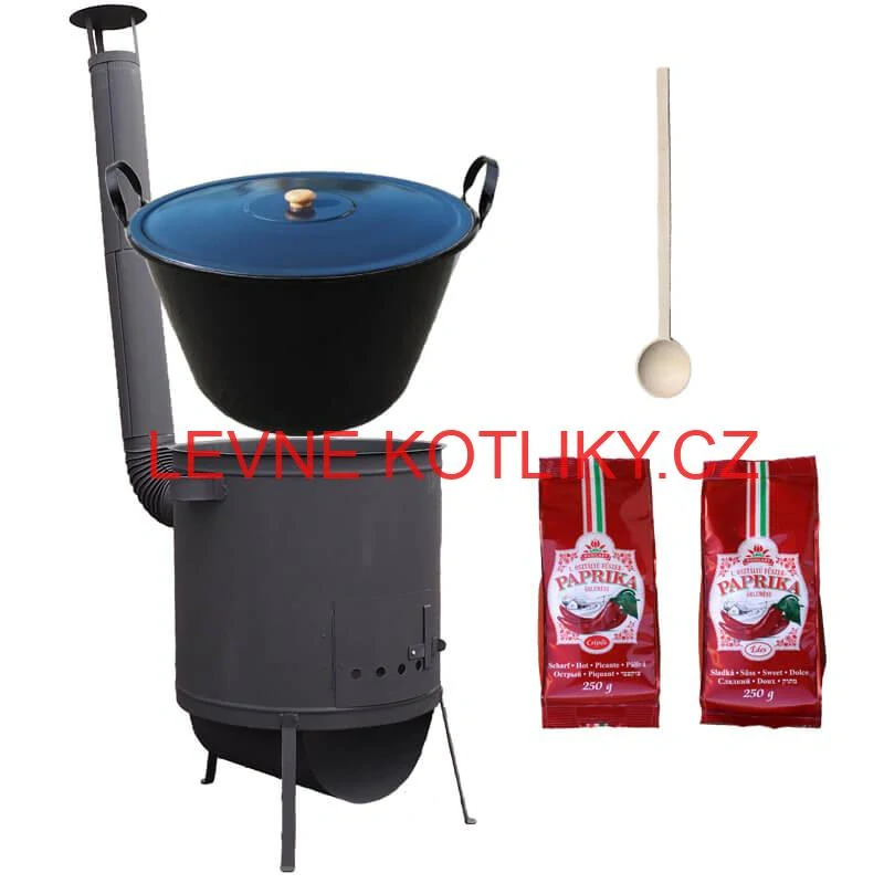 Smaltovaný kotel 60 L na zabijačku + žáruvzdorná kotlina 53 PLUS 600 4 MM + sladká a pálivá paprika (2 x 250 g) + vařečka