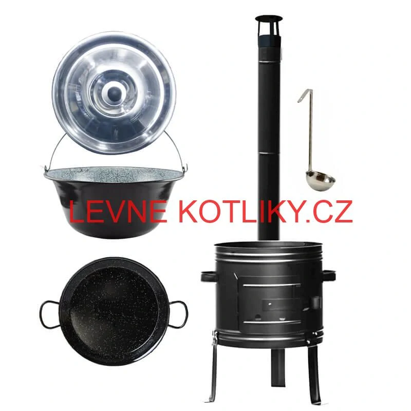 Smaltovaný kotlík 20 L + kovová kotlina + smaltovaná pánev 46 cm Paella