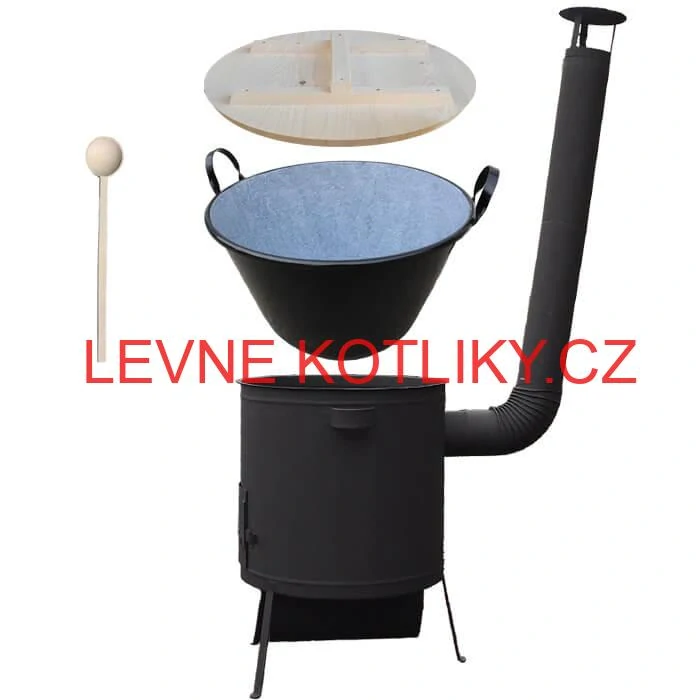 Zabijačkový smaltovaný kotel 100 L, žáruvzdorná kotlina 42 PLUS 600 4 MM, dřevěná poklice + vařečka