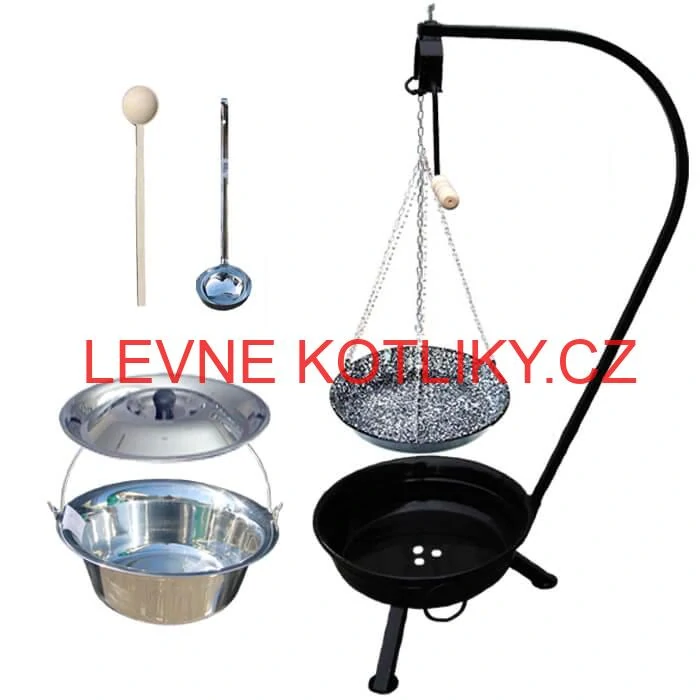 Nerezový kotlík 14 L (0,8 mm) INOX + smaltovaná pánev + ohniště se stojanem as pojistnou kladkou VAR