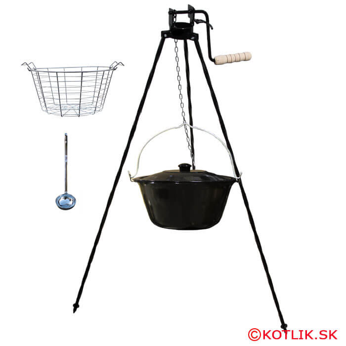 Smaltovaný kotlík 25 L (1,2 mm) + drátěný koš + stojan s kladkou VAR