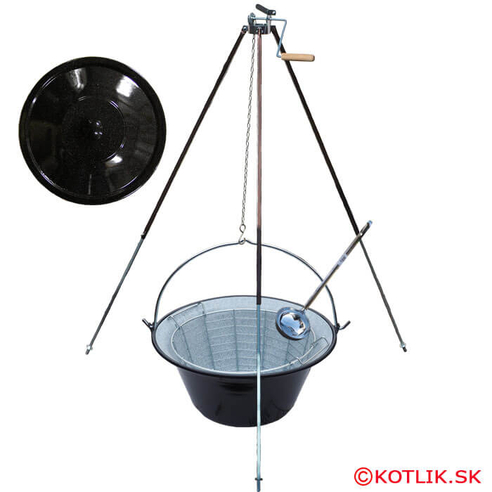 Smaltovaný kotlík 30 L (1,2 mm) + drátěný koš + stojan s kladkou VAR
