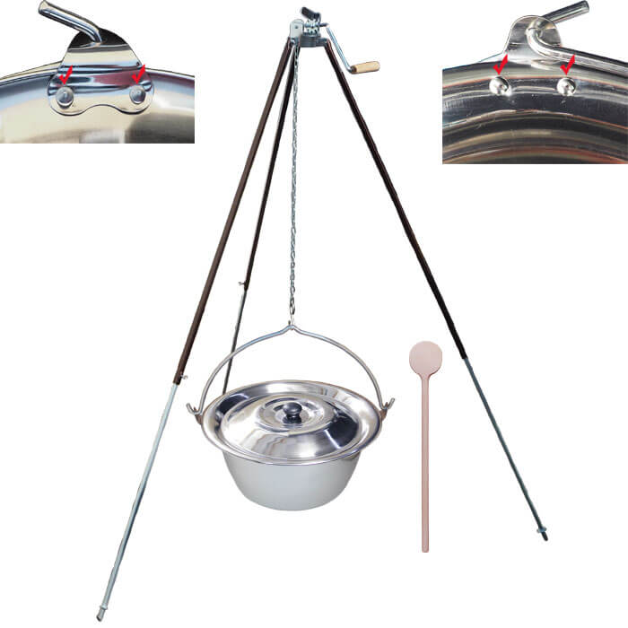 Nerezový kotlík 30 L (0,8 mm) s nýty + teleskopická trojnožka s pojistnou kladkou + poklice