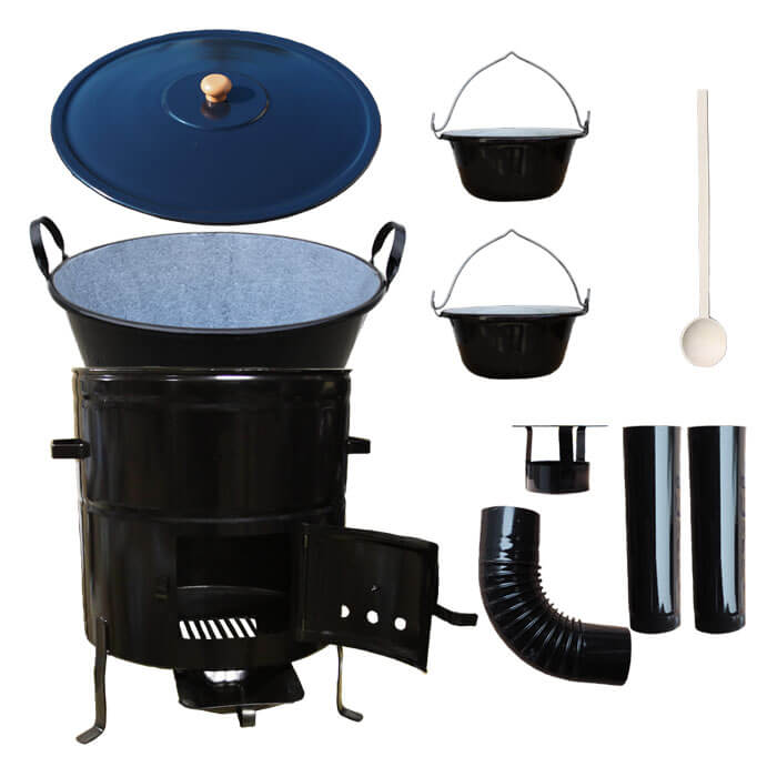 Zabijačkový smaltovaný kotel 80 L + kovová kotlina 58 cm + 2 servírovací kotlíky a kouřovod