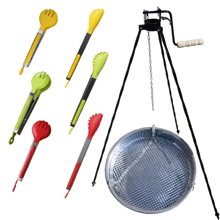 Nerezová pánev s řetízkem 49 cm + trojnožka s pojistnou kladkou a obracečka na maso GRILL PARTY 3