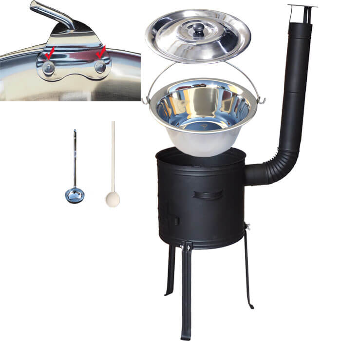 Nerezový kotlík 15 L (0,8 mm) zesílený s nýty + kovová kotlina s vysokými nožičkami 36 cm, žáruvzdorná barva Plus 700 + vařečka a naběračka