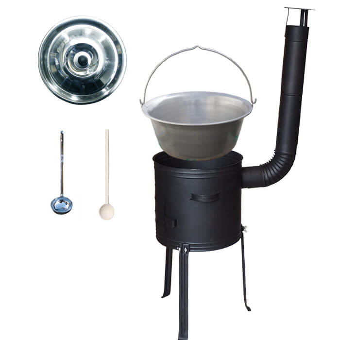 Nerezový kotlík 20 L (1,5 mm) + kovová kotlina s vysokými nožičkami 42 cm , žáruvzdorná barva Plus 700 + vařečka a naběračka