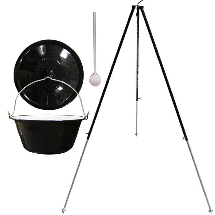 Smaltovaný kotlík 40 L  + poklice + teleskopicka trojnožka 1,7 m