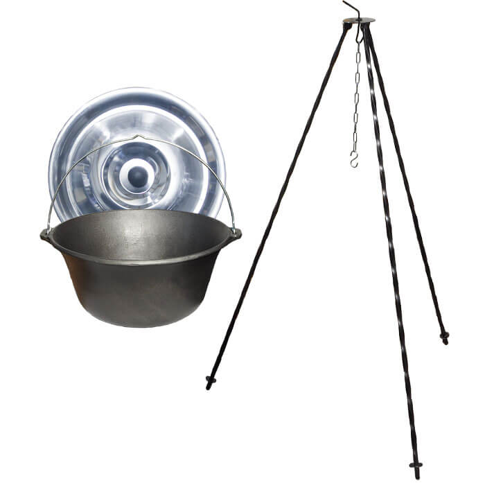Litinový kotlík 10,8 L + poklice  + trojnožka 1,2 m