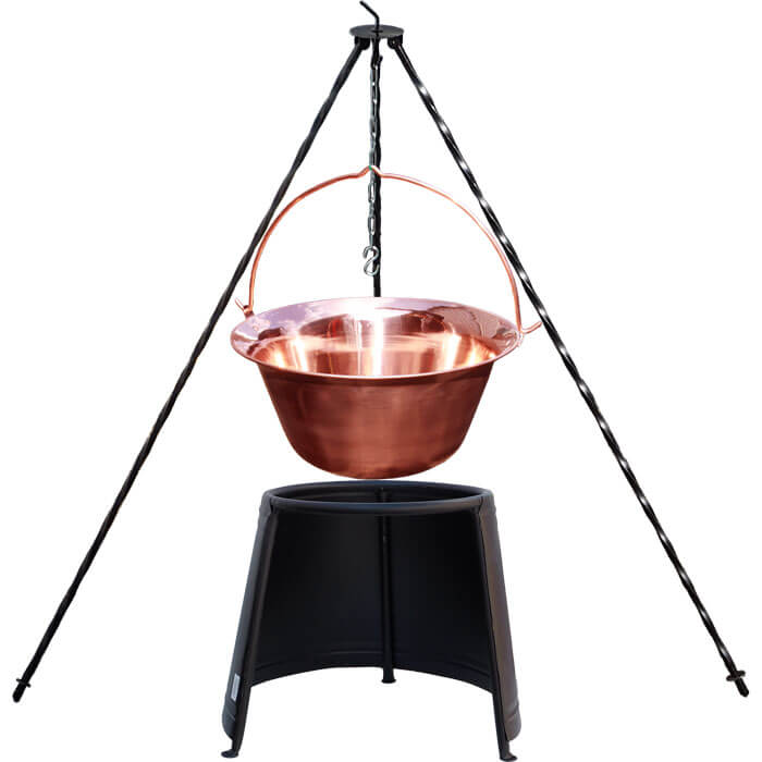 Měděný kotlík 14 L (1,2 mm) + chránič plamene 37 cm + trojnožka 1,2 m
