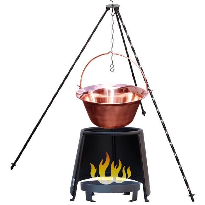 Měděný kotlík 6 L (1,2 mm) + chránič plamene 32 cm + ohniště 36 cm + trojnožka 1,2 m