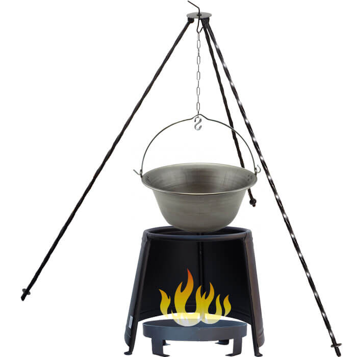 Železný kotlík 6 L (0,75 mm) + chránič plamene 32 cm + ohniště 36 cm + trojnožka 1,2 m