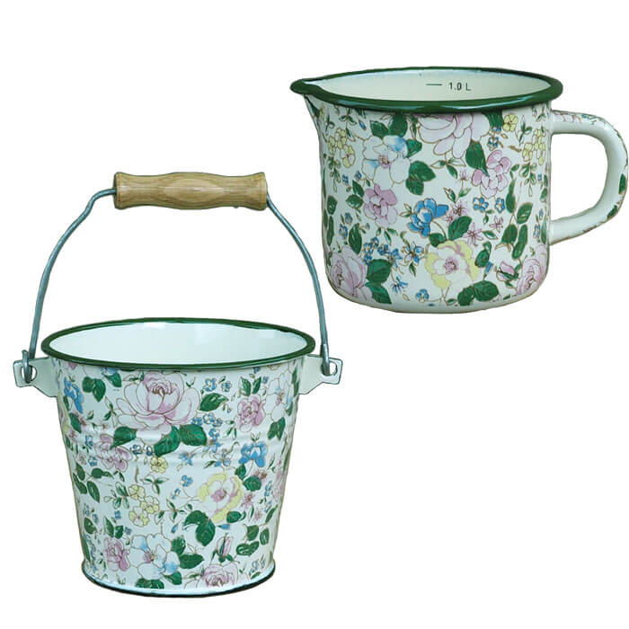 Smaltovaný hrnek s výlevkou 1 L + vědro 1 L DECOR