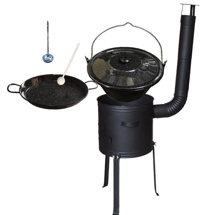 Smaltovaný kotlík 13 L (1,2 mm) + Paella pánev 38 cm + kotlina s vysokými nožičkami 36 cm, žáruvzdorná barva Plus 700
