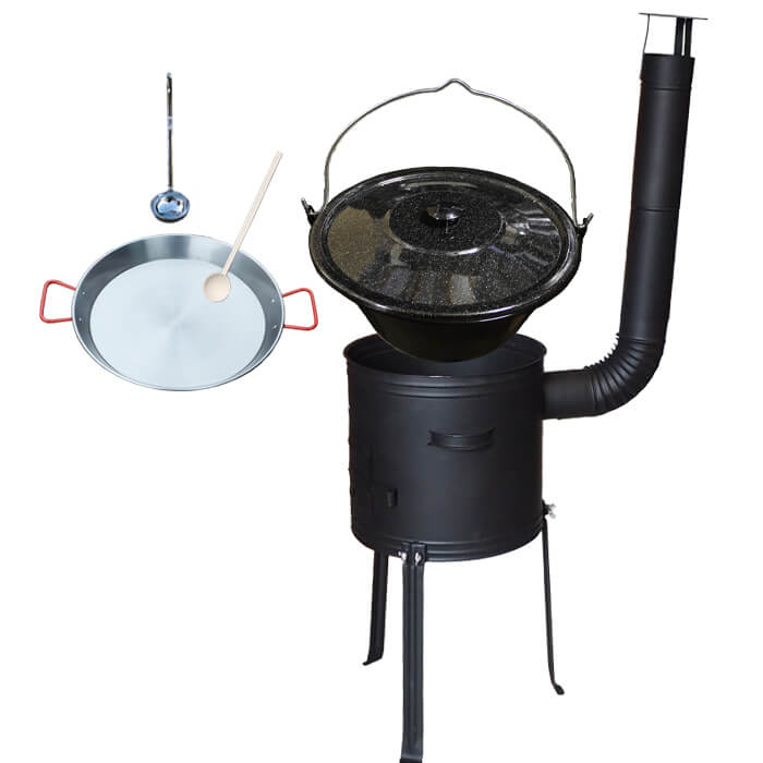 Smaltovaný kotlík 20 L + Paella pánev 46 cm + kovová kotlina s vysokými nožičkami 42 cm, žáruvzdorná barva Plus 700