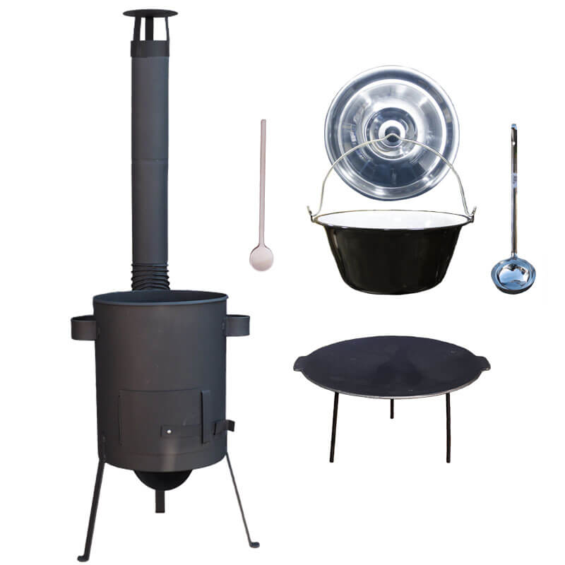Smaltovaný kotlík 20 L + litinová pánev 45 cm + žáruvzdorná kotlina, zesílený rošt 4 mm 42 cm PLUS 600