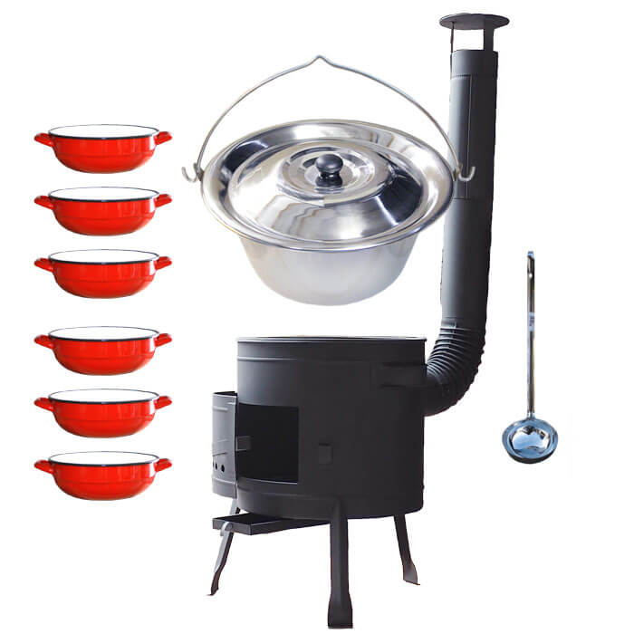 Nerezový kotlík 20 L (1,2 mm) INOX + selské misky 6 ks + nízká žáruvzdorná kotlina 42 cm PLUS 600