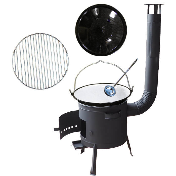 Smaltovaný kotlík 25 L + Nerezový rošt 45 cm + nízká žáruvzdorná kotlina 42 cm PLUS 600
