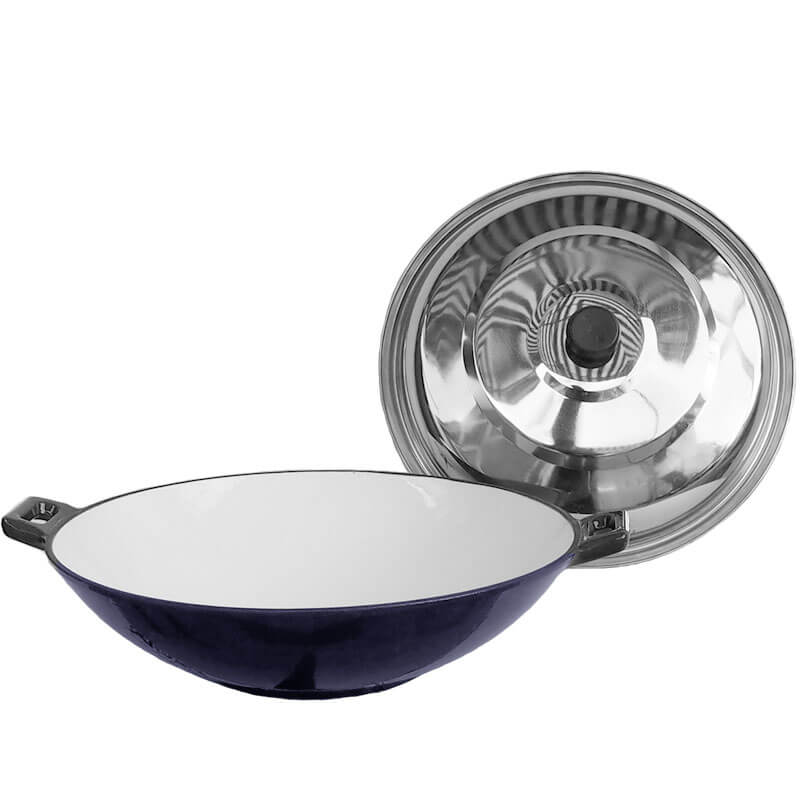 Litinový wok – smaltovaný povrch 37 cm + nerezová poklice