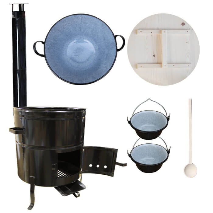 Zabijačkový smaltovaný kotel 100 L + kovová kotlina 58 cm + 2 servírovací kotlíky a kouřovod