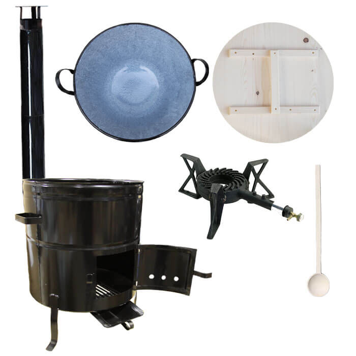 Zabijačkový smaltovaný kotel 100 L + kovová kotlina 60 cm + hořák 7 kW a  kouřovod