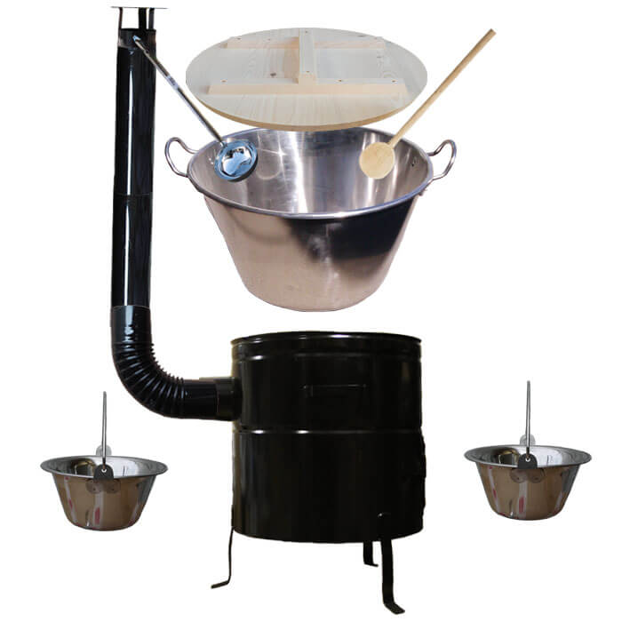 Zabijačkový nerezový kotel 100 L, kovová kotlina 60 cm, smaltovaná poklice + 2 servírovací nerezové kotlíky zdarma