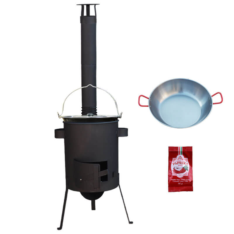 Smaltovaný kotlík 22 L + Pánev PAELLA (WOK) 45 cm + sladká paprika 50 g + žáruvzdorná kotlina 42 PLUS 600 s roštem na popel 4 mm