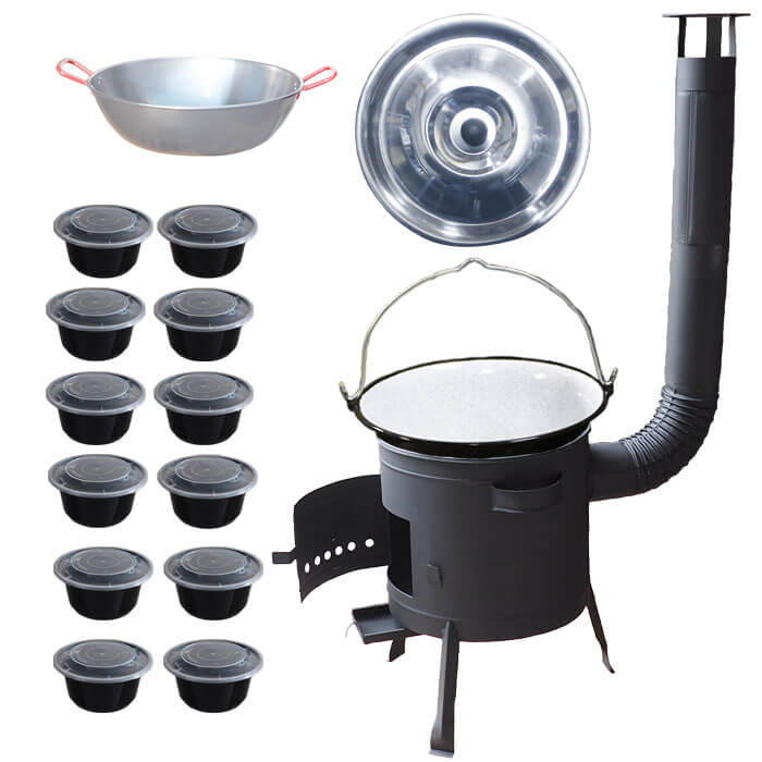 Smaltovaný kotlík 22 L + Pánev PAELLA (WOK) 45 cm + misky 12 ks + nízká kotlina 42 PLUS 600