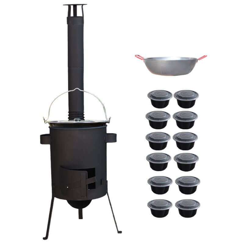 Smaltovaný kotlík 22 L + Pánev PAELLA (WOK) 45 cm + misky 12 ks + žáruvzdorná kotlina 42 PLUS 600 s roštem na popel 4 mm